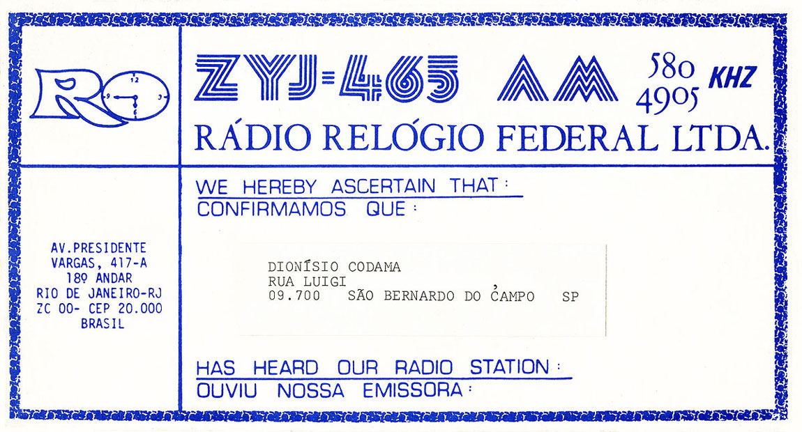 QSL card Radio Relogio Federal, Rio de Janeiro, Aimore rabbit